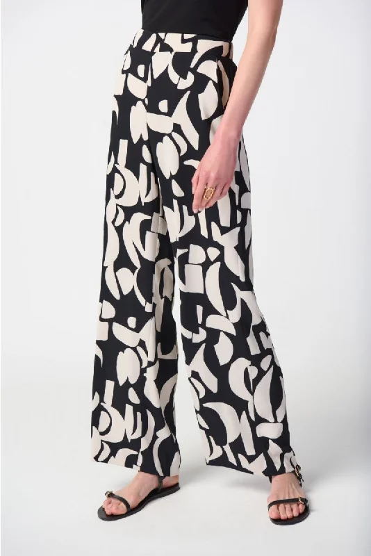 Joseph Ribkoff Black/Moonstone Geometric Print Pull On Wide Leg Pants 241097