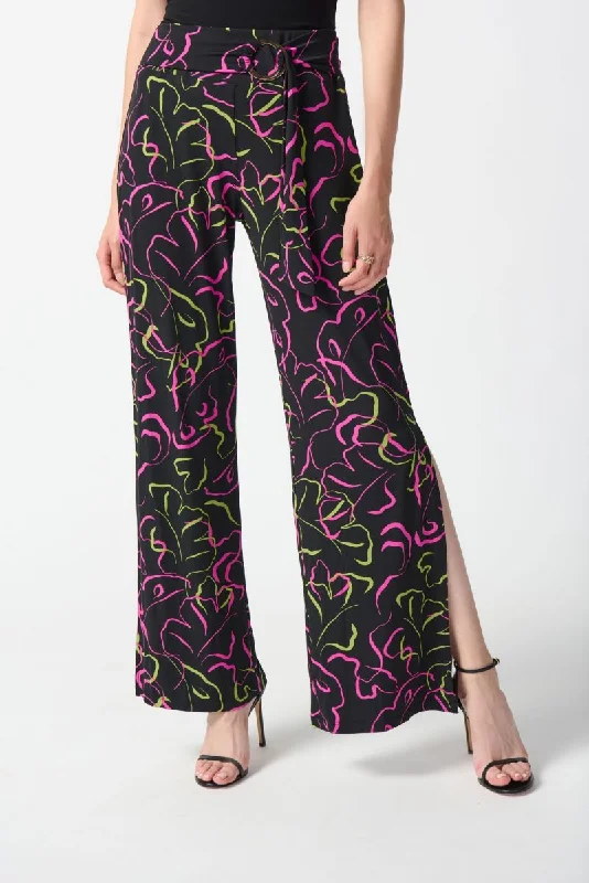 Joseph Ribkoff Black/Multi Abstract Print Side Slit Pull On Wide Leg Pants 242221