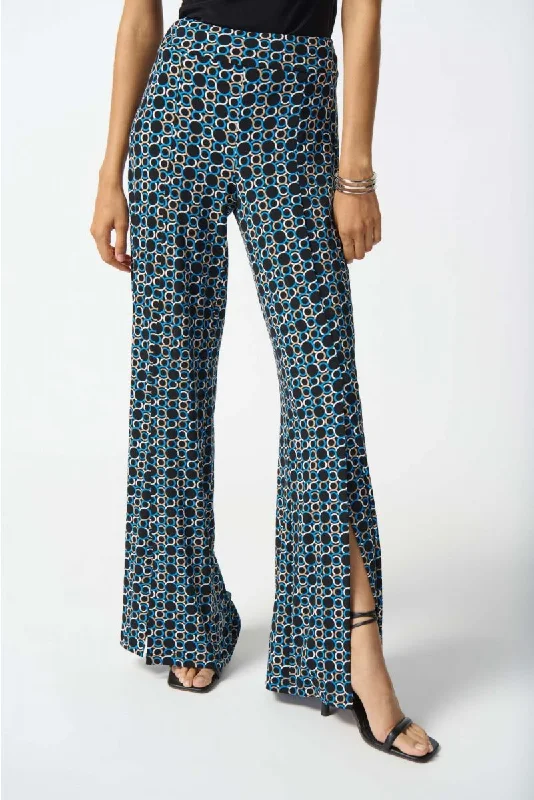 Joseph Ribkoff Black/Multi Geometric Print Split Front Wide Leg Pants 242143