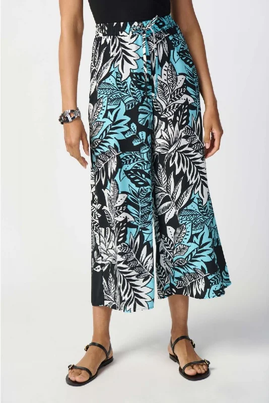 Joseph Ribkoff Black/Multi Tri-Tone Tropical Print Pull On Culotte Pants 241067