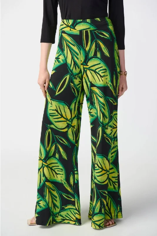 Joseph Ribkoff Black/Multi Tropical Leaf Print Pull On Wide Leg Pants 241288