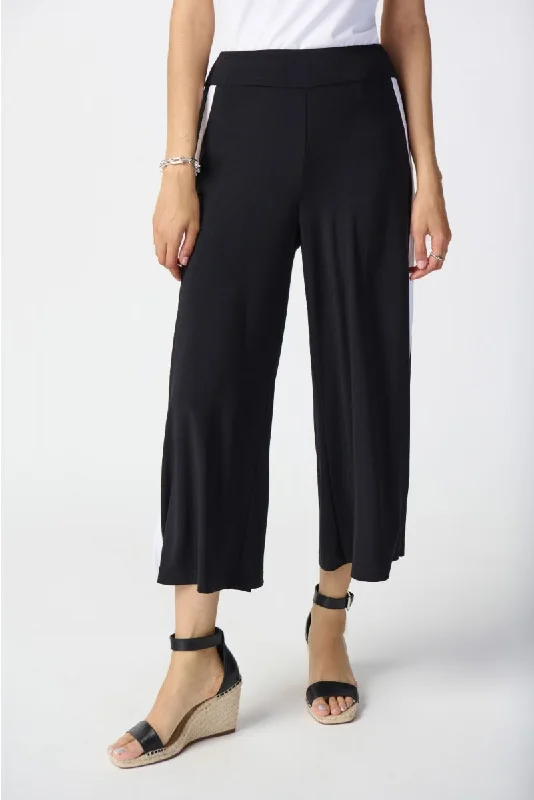 Joseph Ribkoff Black/Vanilla Striped Side Slit Pull On Culotte Pants 241058