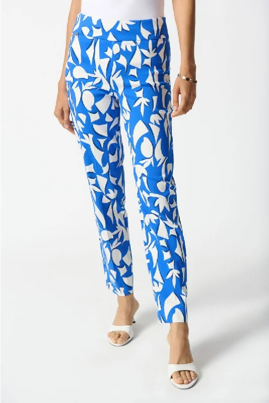 Joseph Ribkoff Blue/Vanilla Abstract Print Pull On Straight Cropped Pants 242139