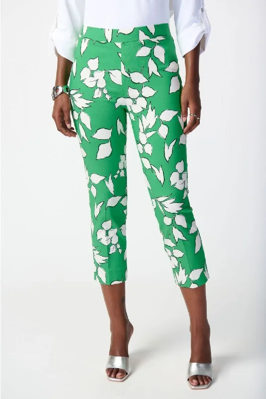 Joseph Ribkoff Green/Multi Leaf Print Stretch Pull On Capri Pants 241267