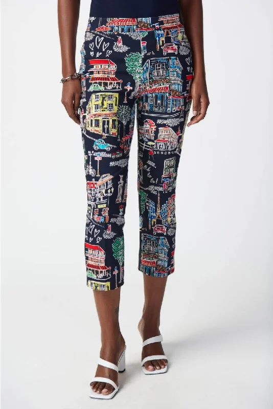 Joseph Ribkoff Midnight Blue/Multi Paris Print Pull On Capri Pants 241268