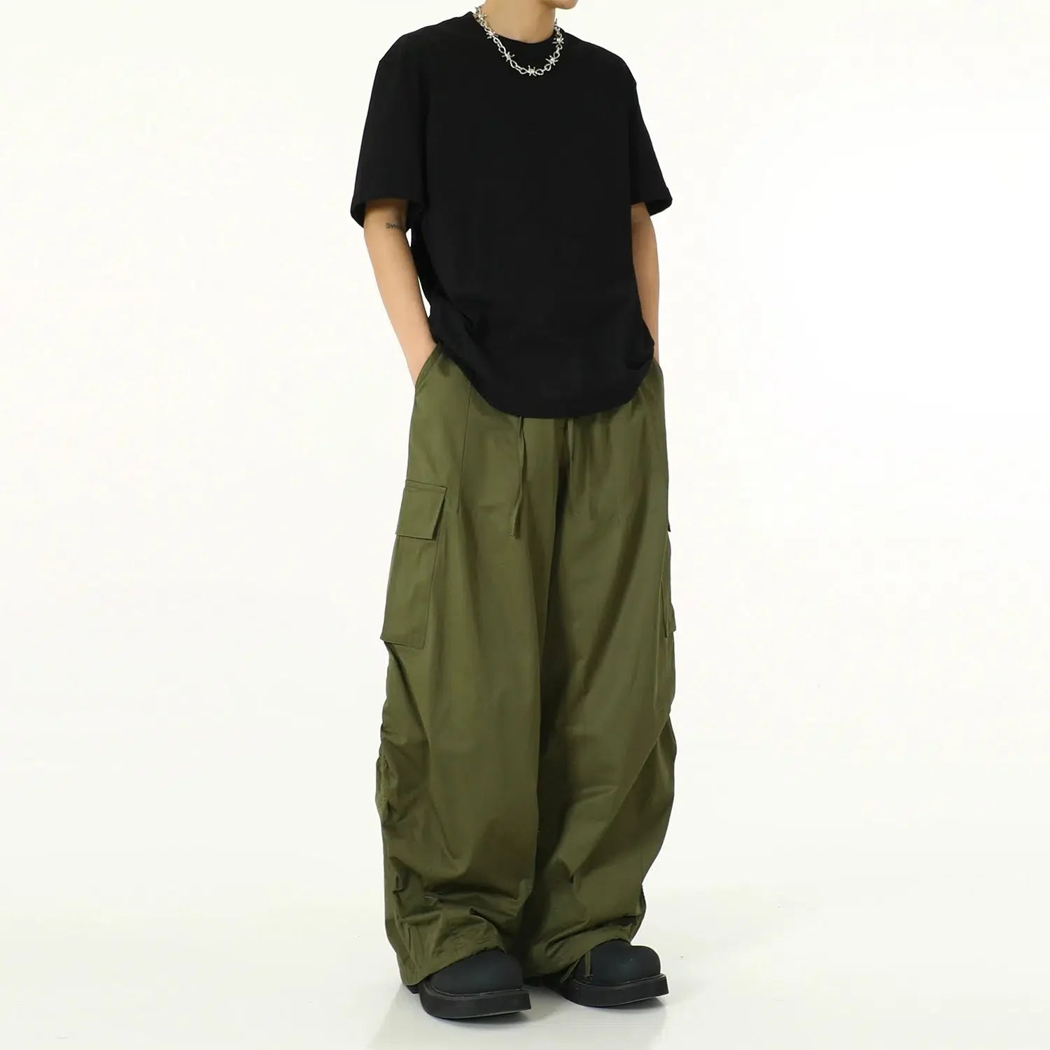 Solid Color Wide Cut Parachute Cargo Pants