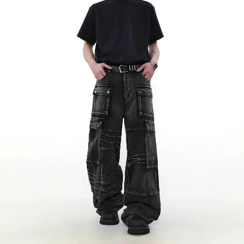 Washed Embroidered Cargo Jeans