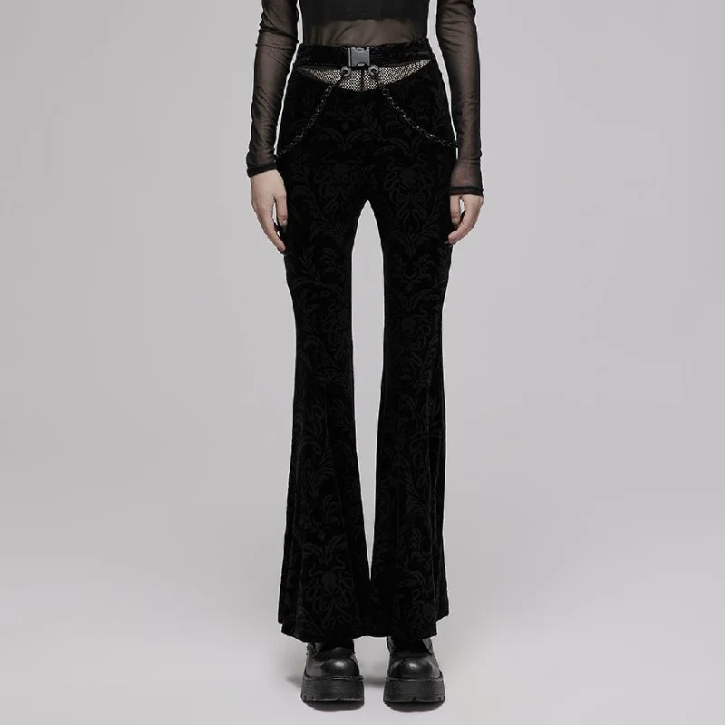 Women's Gothic Floral Velet Bell-bottoms with Metal Chain