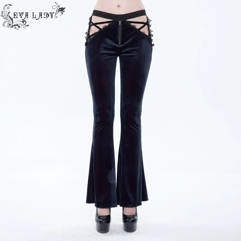 Women's Gothic Front Zip Side Cutout Velet Bell-bottoms