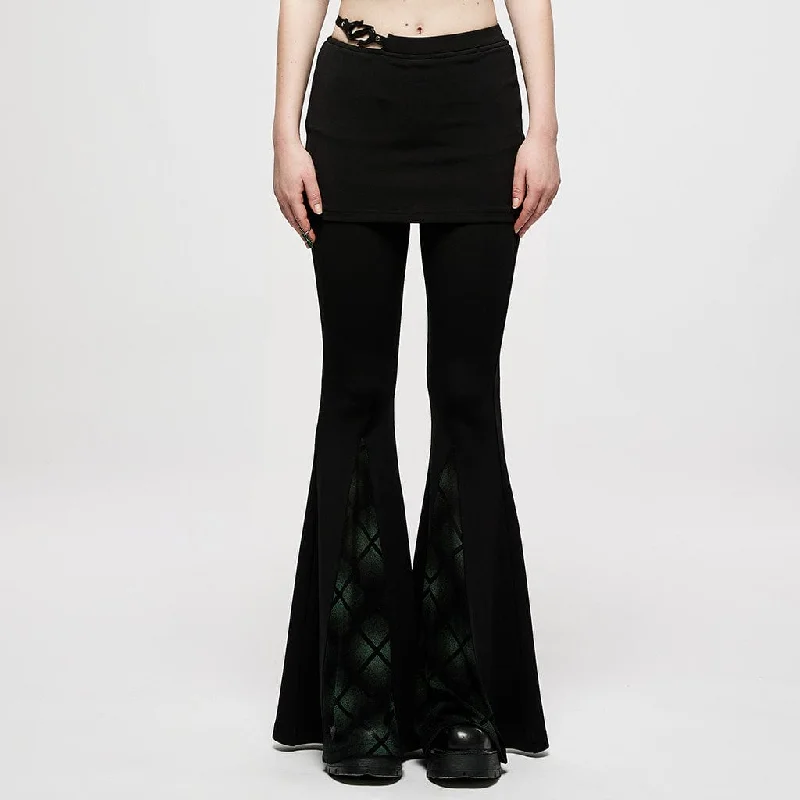 Women's Punk Green Plaid Bell-bottoms with Skirt