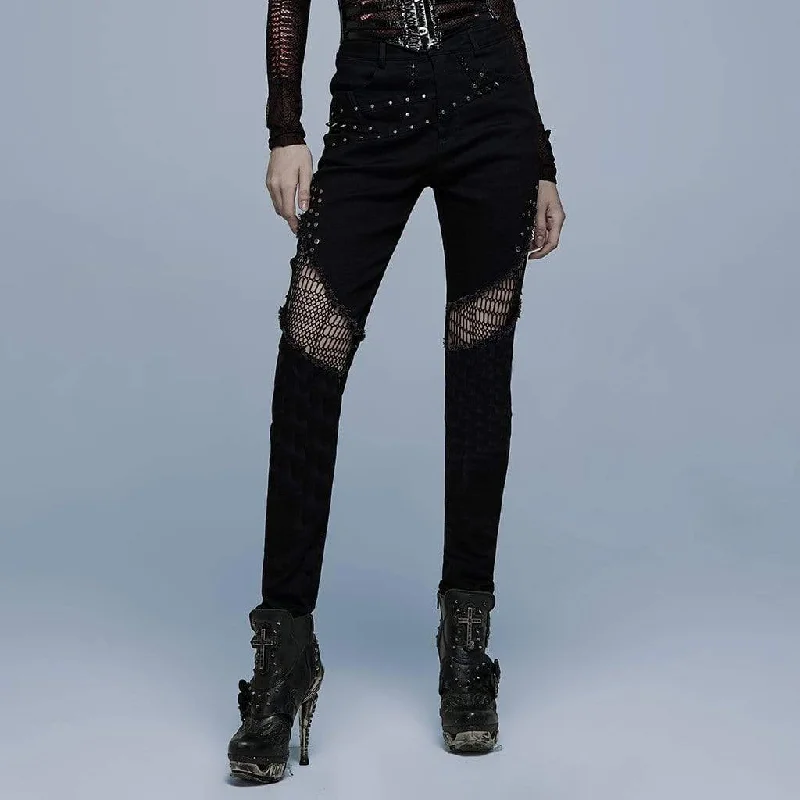 Women's Punk Mesh Splice Rivet Pants