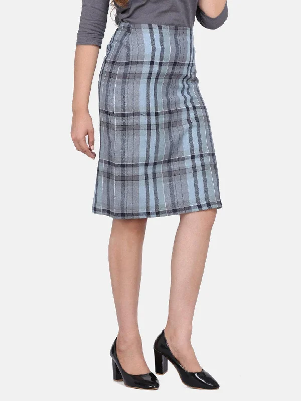 Checkered Straight Cotton Skirt - Grey