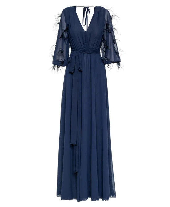 Access Fashion Navy Maxi Dress With Feather Sleeves