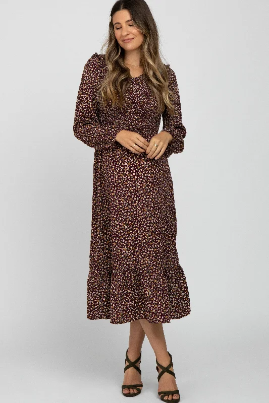 Burgundy Floral Long Sleeve Smocked Maternity Midi Dress