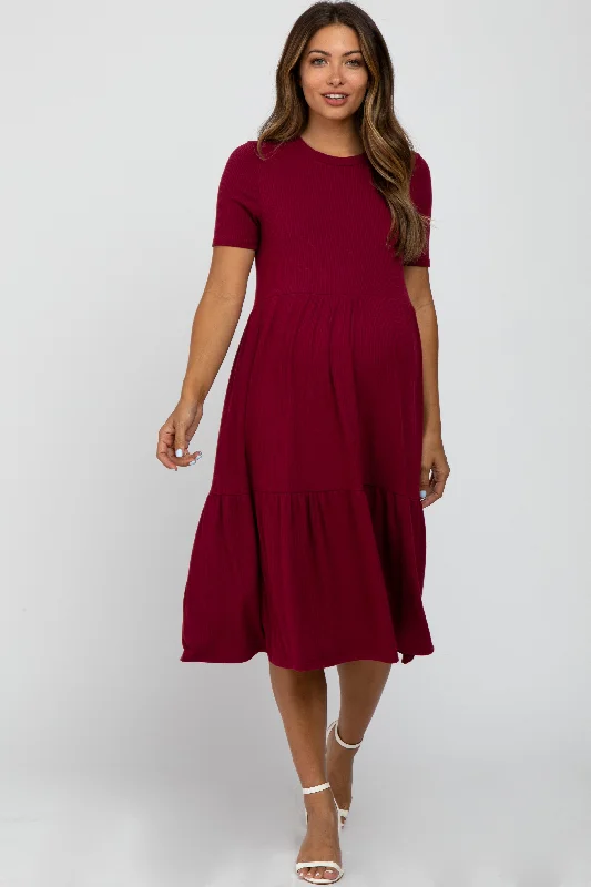 Burgundy Ribbed Tiered Maternity Dress