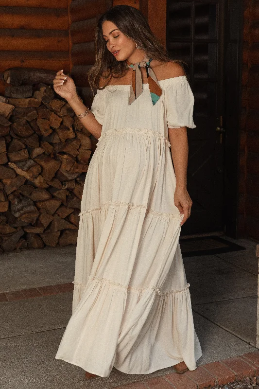 Cream Off Shoulder Ruffle Tiered Maternity Maxi Dress