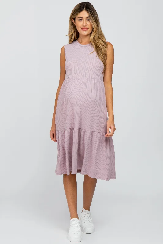 Lavender Ribbed Sleeveless Maternity Midi Dress