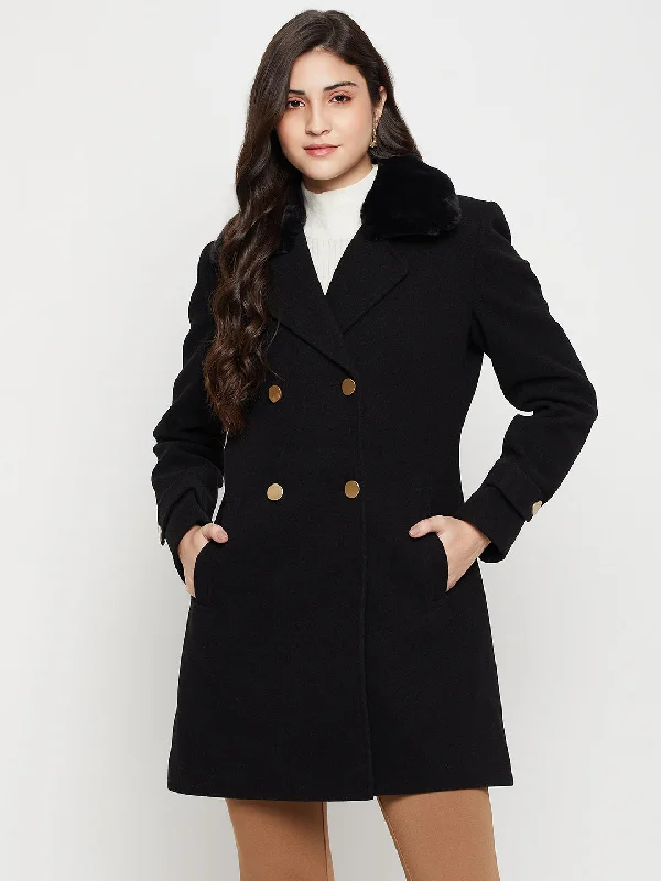 Women's Casual  Black Double breasted Notched Lapel Collar with Faux Fur insert Long Coat