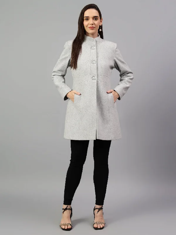 Women's Grey Solid Full Sleeves Winter Long Coat