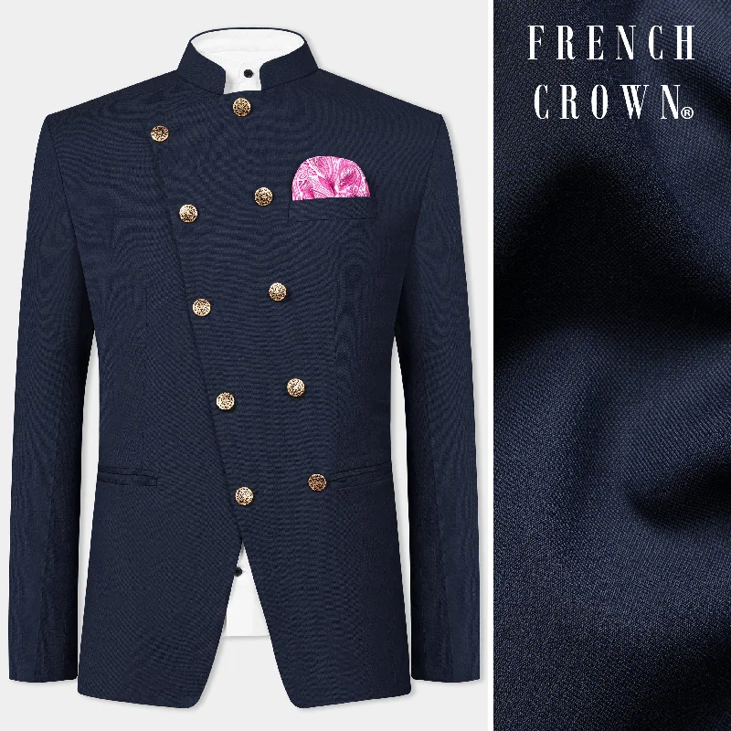 Cinder Blue Wool Rich Cross Placket Bandhgala Blazer