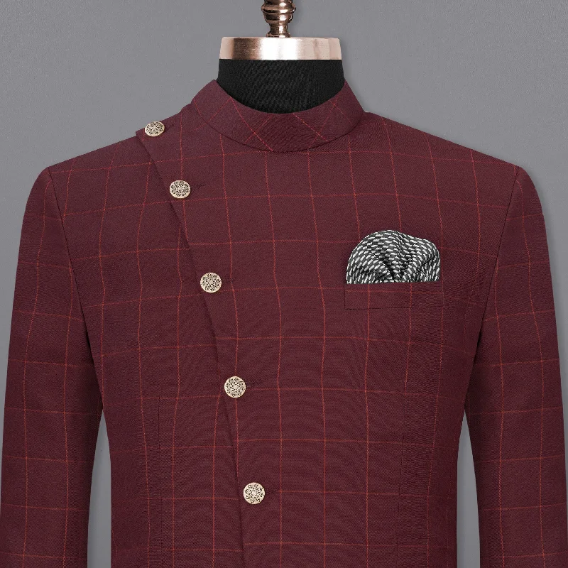 Maroon Oak Windowpane Cross Placket Bandhgala Windowpane Blazer