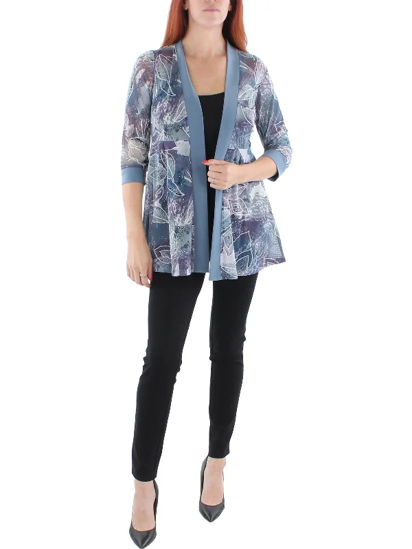 Petites Womens Mesh Printed Duster Blazer