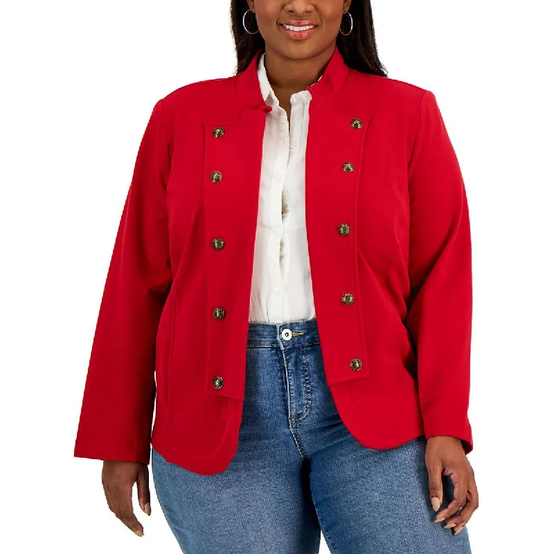 Plus Womens Military Band Button Detail Open-Front Blazer