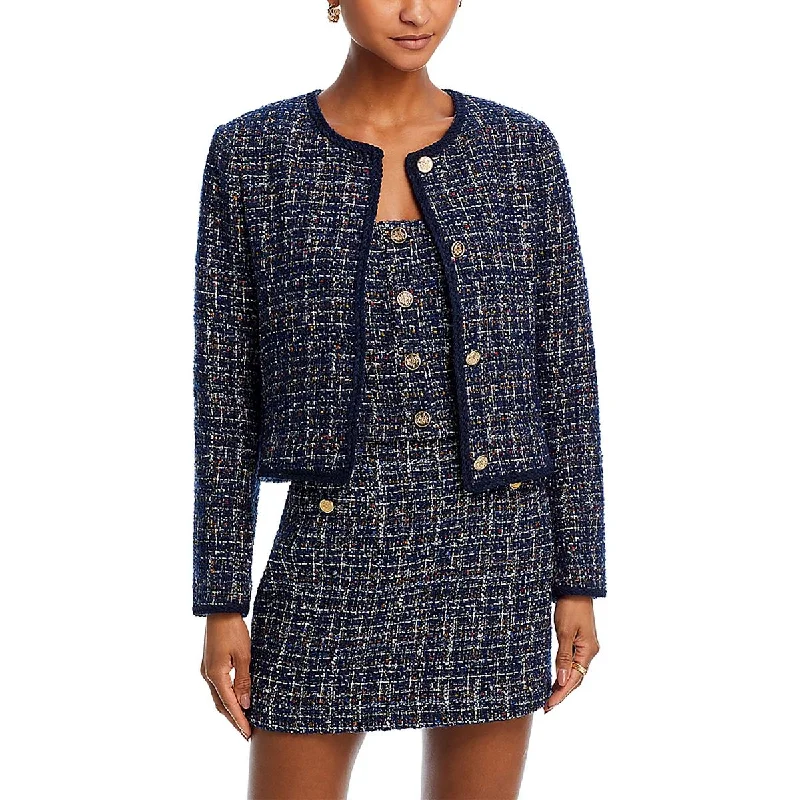 Womens Tweed Braid Trim Collarless Blazer