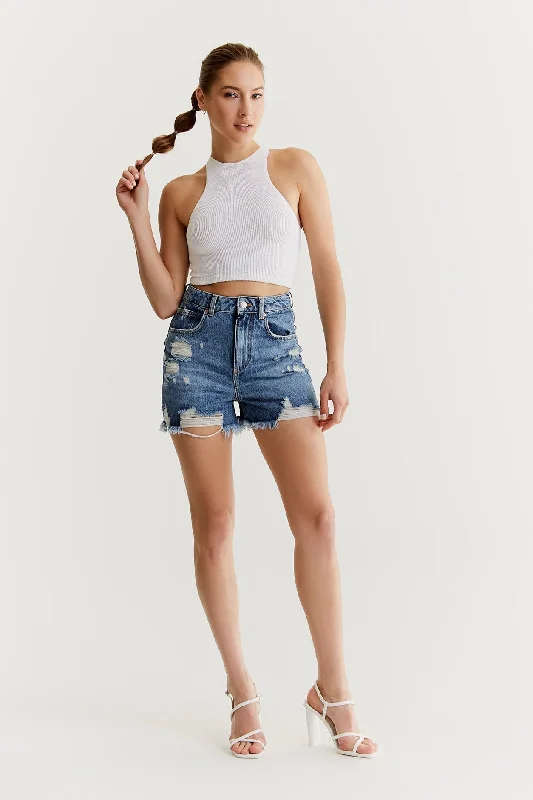 Naomi High Waist 5 Pocket Shorts Dark Blue destroyed