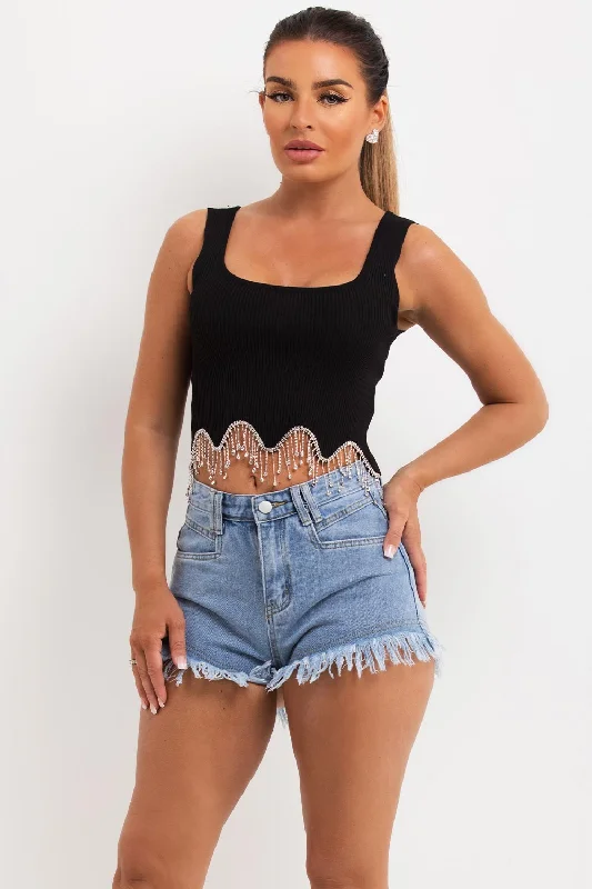 Black Rib Crop Top With Diamante Trim