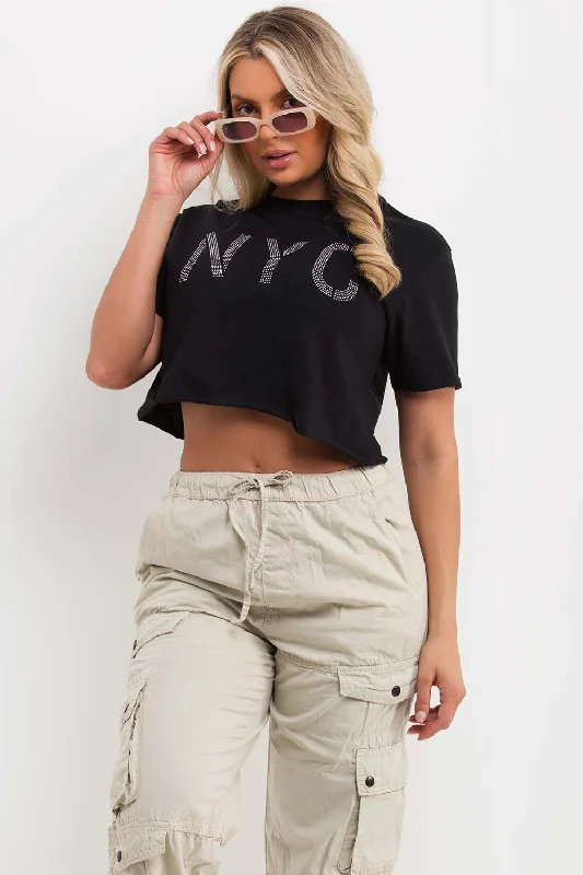 Crop T Shirt With NYC Diamante Detail Black