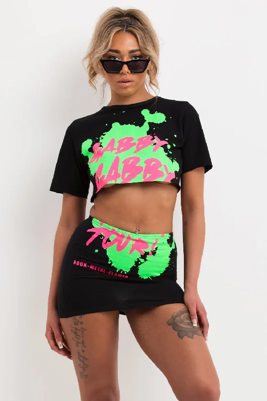 Crop Top And Skirt Co Ord With Neon Graphic