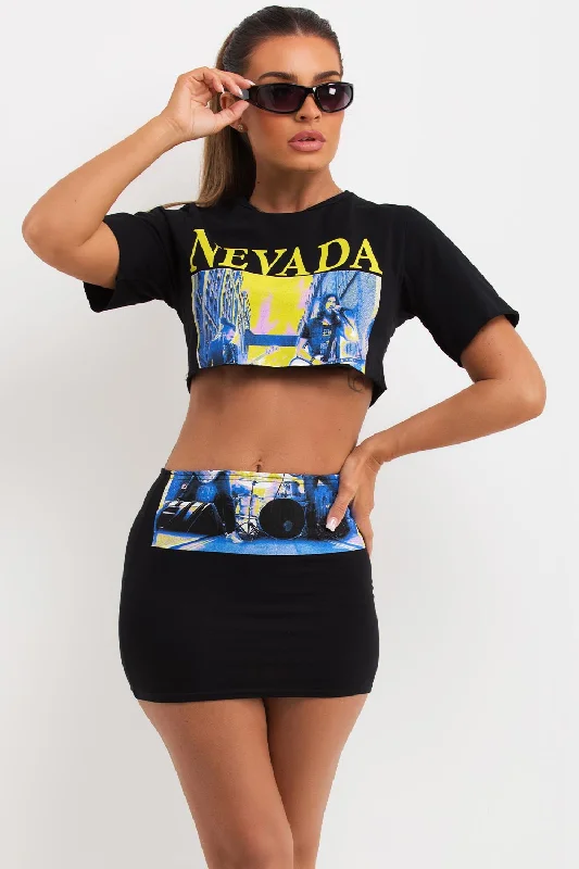 Crop Top And Skirt Co Ord With Nevada Slogan Black