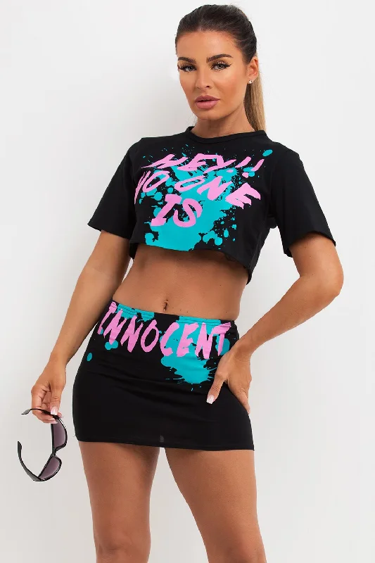 Crop Top And Skirt Co Ord With No One Is Innocent Slogan Black