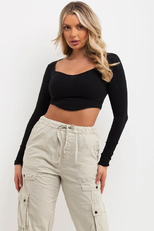 Crop Top With Structured Contour Dip Hem Black