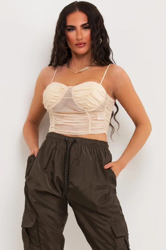 Mesh Ruched Crop Top With Bustier Detail Beige