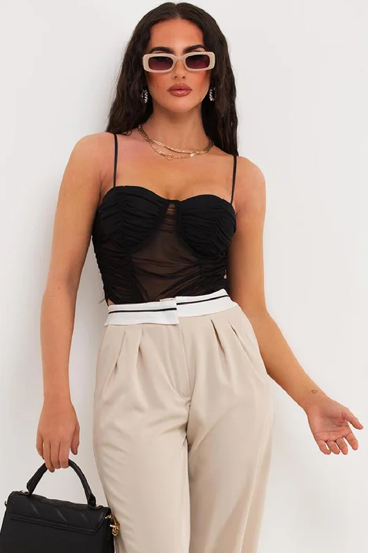 Mesh Ruched Crop Top With Bustier Detail Black