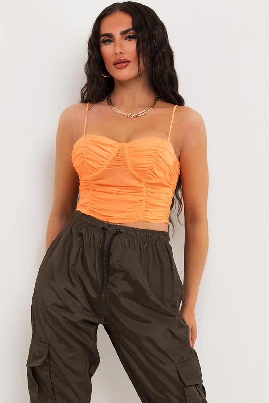 Mesh Ruched Crop Top With Bustier Detail Orange