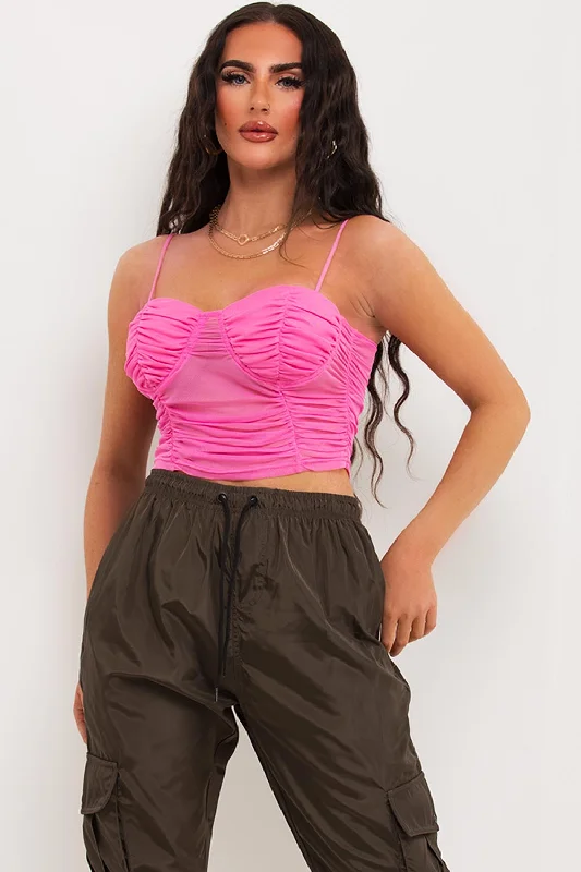 Mesh Ruched Crop Top With Bustier Detail Pink