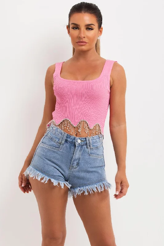 Pink Rib Crop Top With Diamante Trim