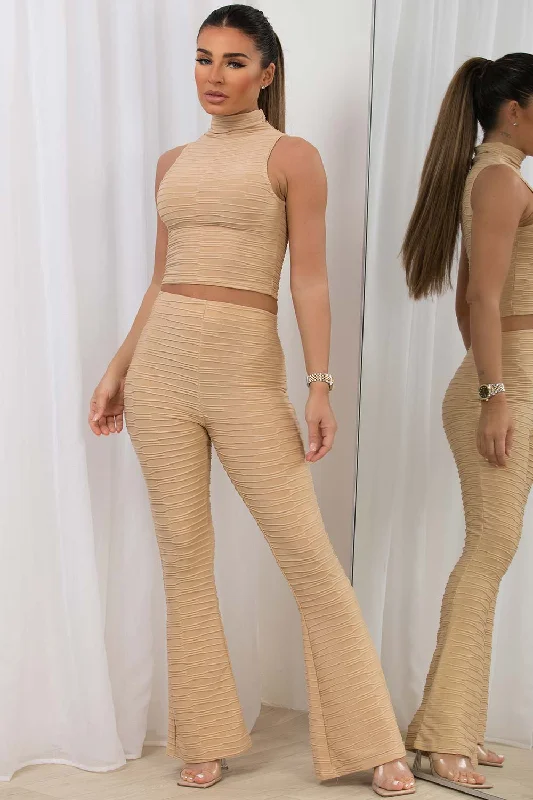 Pleated Crop Top And Skinny Flared Trousers Co Ord Beige