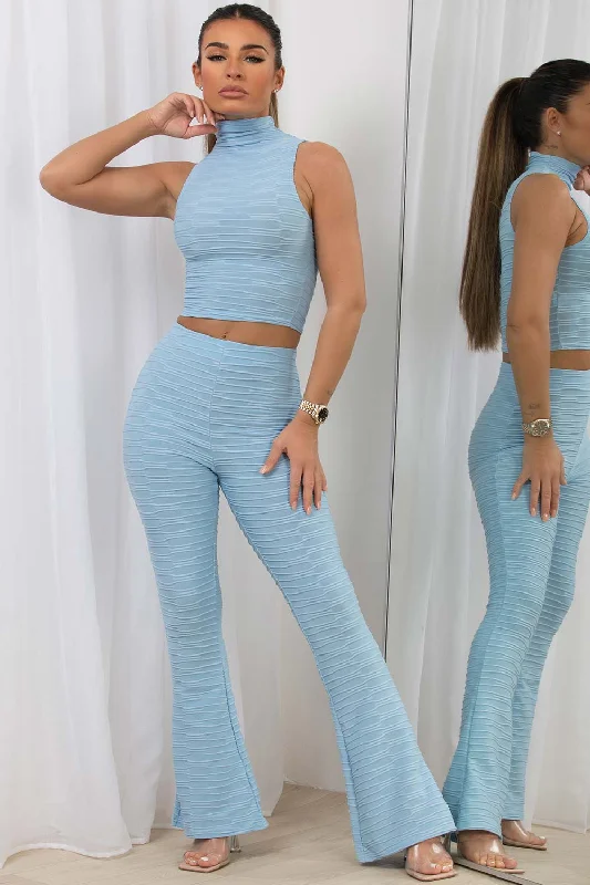 Pleated Crop Top And Skinny Flared Trousers Co Ord Sky Blue