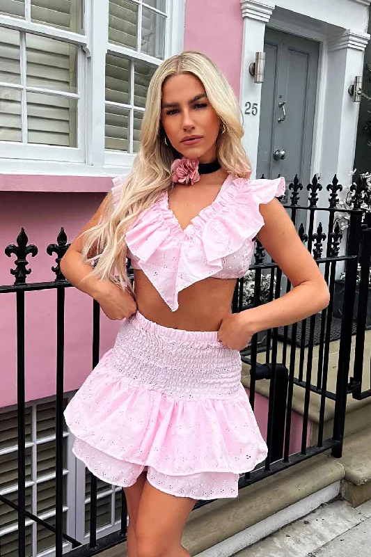 Rara Skirt And Frilly Crop Top Co Ord In Broderie Anglaise Pink