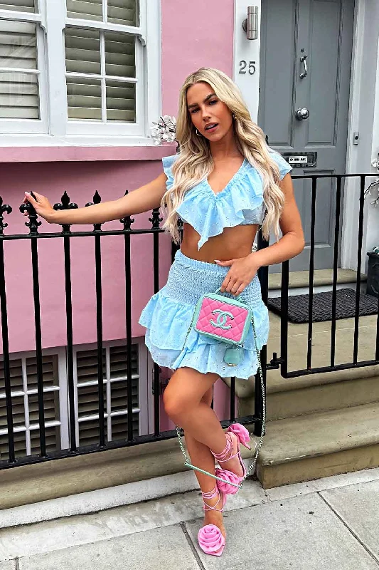 Rara Skirt And Frilly Crop Top Co Ord In Broderie Anglaise Sky Blue