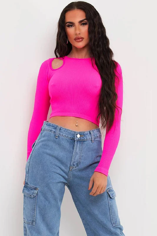 Ribbed Cut Out Long Sleeve Crop Top Neon Pink