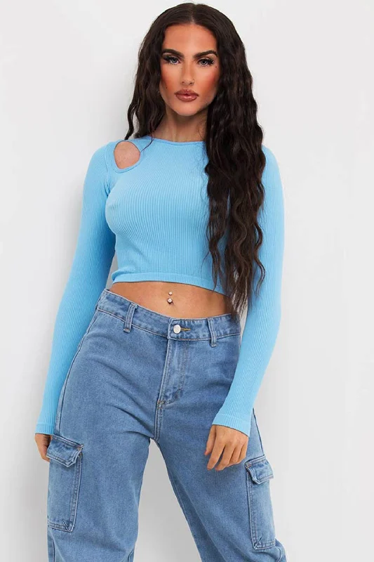 Ribbed Cut Out Long Sleeve Crop Top Sky Blue