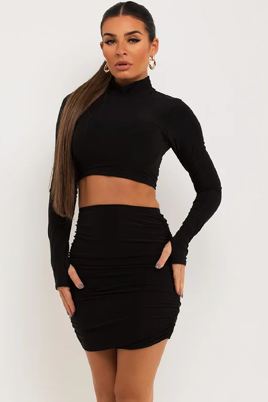 Ruched Skirt And Long Sleeve Crop Top Co Ord Black