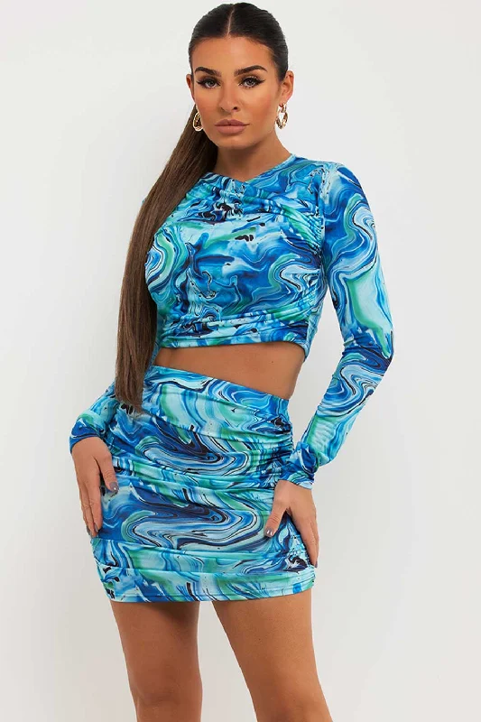 Slinky Marble Mini Skirt And Top Co Ord Blue