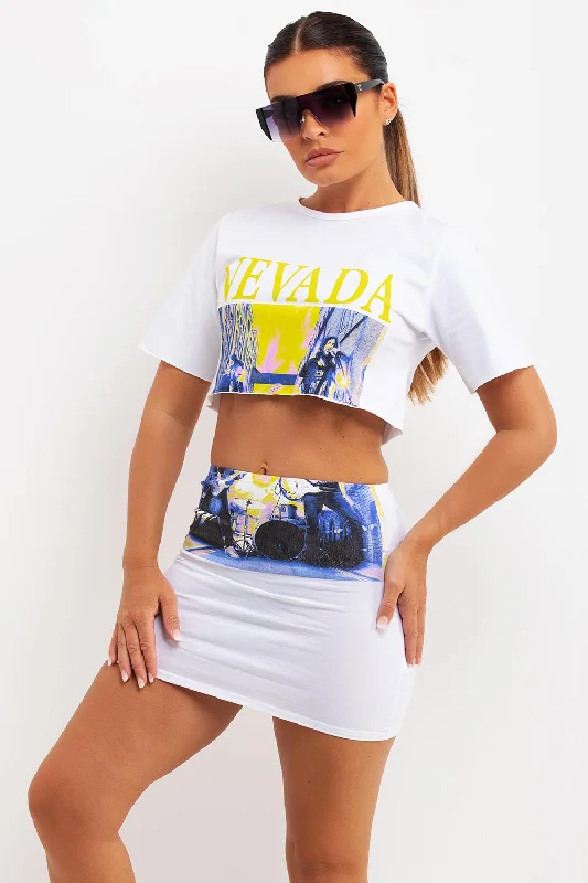 White Crop Top And Skirt Co Ord With Nevada Slogan