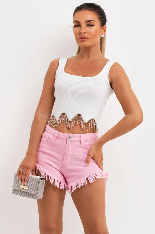 White Rib Crop Top With Diamante Trim